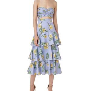 AMUR Roxy Dress Strapless Floral Tiered Blue Yellow Size 8 Garden Party Wedding